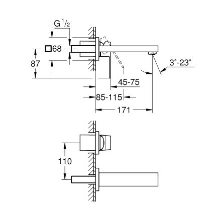 GROHE 19895000 - baterie lavoar EUROCUBE, montaj în 2 găuri, 171 mm, crom lucios