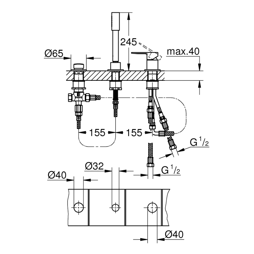 GROHE 19965001 - Baterie pentru cadă LINEARE, montaj în 3 găuri, crom lucios