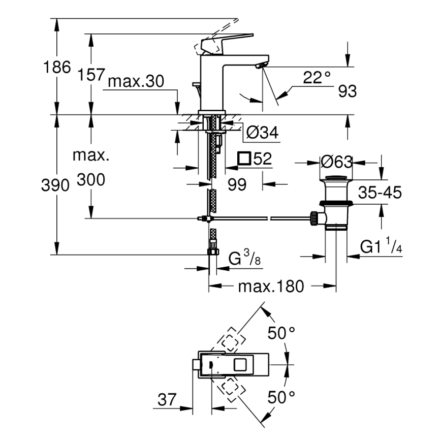 GROHE 2312700E - baterie pentru lavoar Eurocube, mărime S, crom lucios