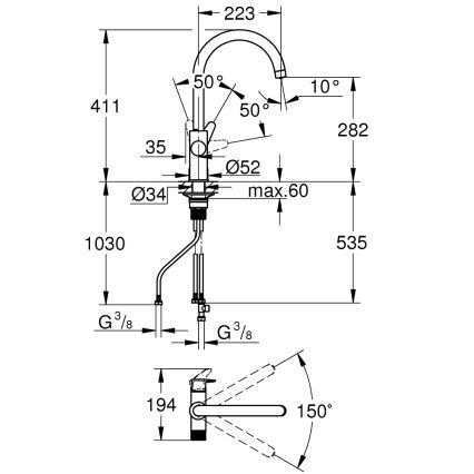 GROHE 30592000 - Baterie pentru chiuvetă StartCurve BLUE PURE, 411 mm, crom lucios