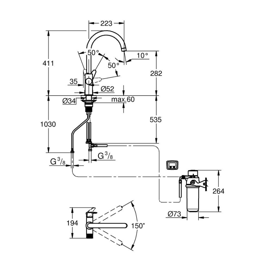 GROHE 30593000 - Baterie pentru chiuvetă BLUE PURE cu pipa în formă de C, crom lucios