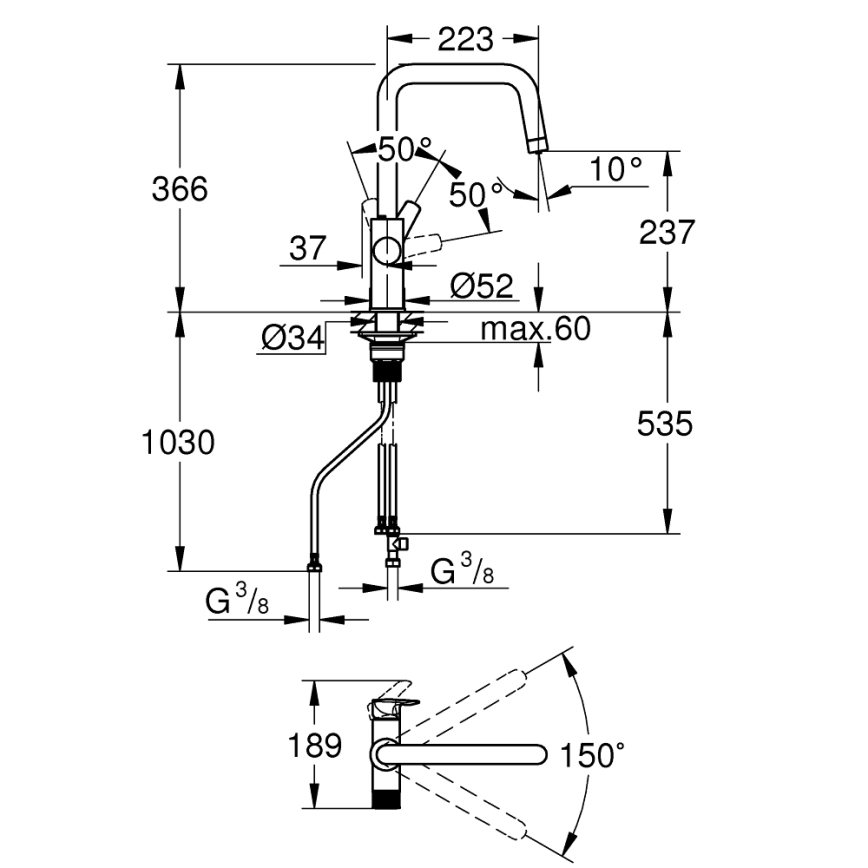 GROHE 30595000 - Baterie pentru chiuvetă BLUE PURE Start, 366 mm, crom lucios