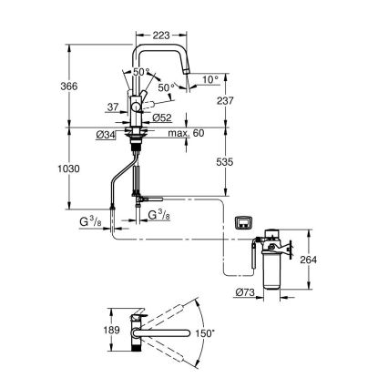 GROHE 30596000 - Baterie pentru chiuvetă BLUE PURE cu funcție de filtrare, crom lucios