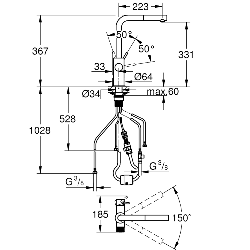 GROHE 30601DC0 - Baterie pentru chiuvetă BLUE PURE, cu duză extractibilă, inox