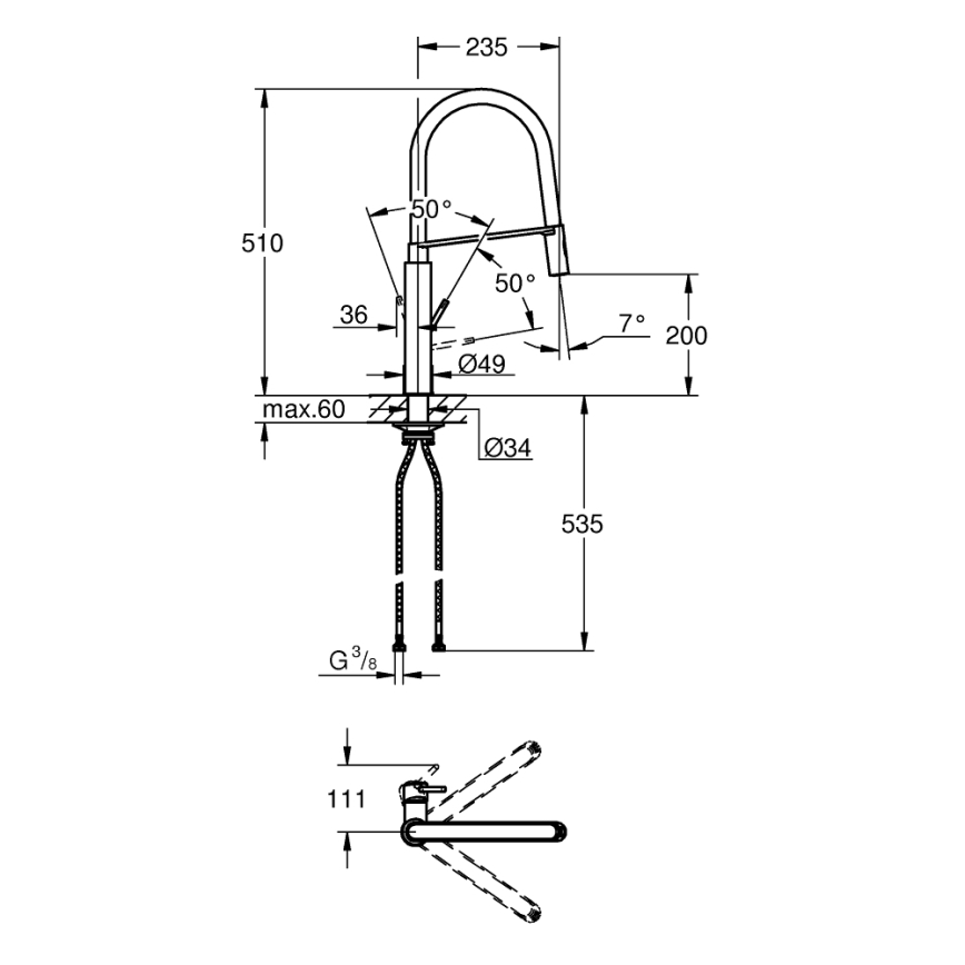 GROHE 31491000 - Baterie pentru chiuvetă CONCETTO cu duș profesional, crom lucios