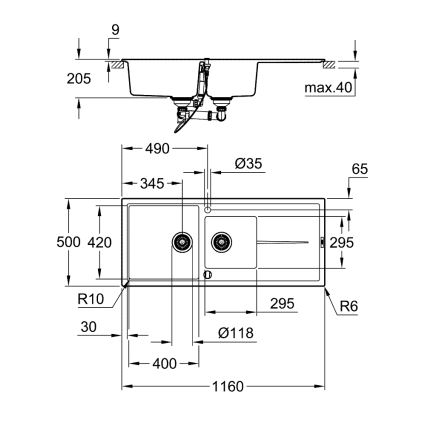 GROHE 31643AP0 - Chiuvetă din compozit K400 1160 × 500 mm negru