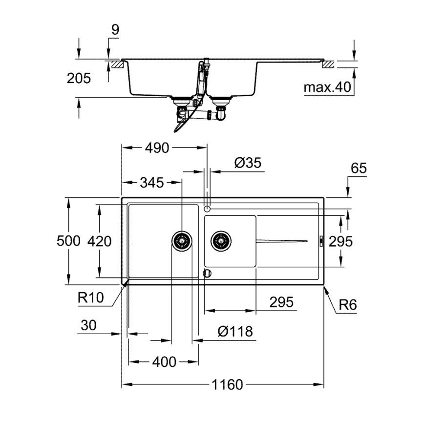 GROHE 31643AP0 - Chiuvetă din compozit K400 1160 × 500 mm negru