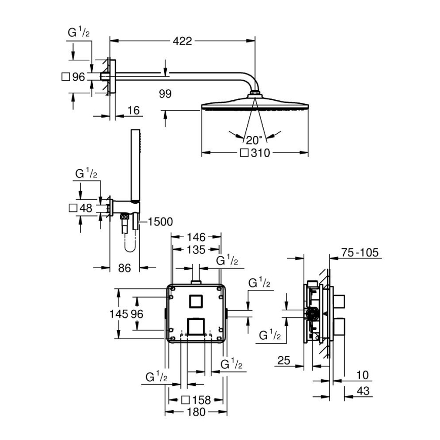 GROHE 34879000 - Sistem de duș încastrat PRECISION CUBE 310 × 310 mm cromat