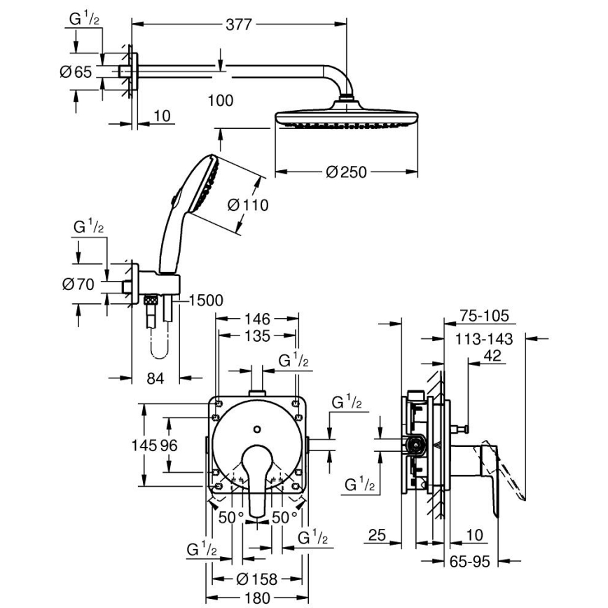 GROHE START VITALIO START 250 - Sistem de duș încorporat, crom 25292000