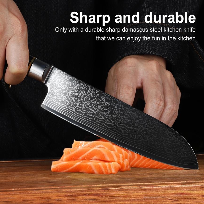 Gudaro - Cuțit Santoku AKIRO din oțel damasc 7, 67 de straturi de oțel, lungime lamă 17,5 cm, negru