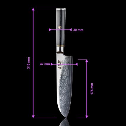 Gudaro - Cuțit Santoku AKIRO din oțel damasc 7, 67 de straturi de oțel, lungime lamă 17,5 cm, negru