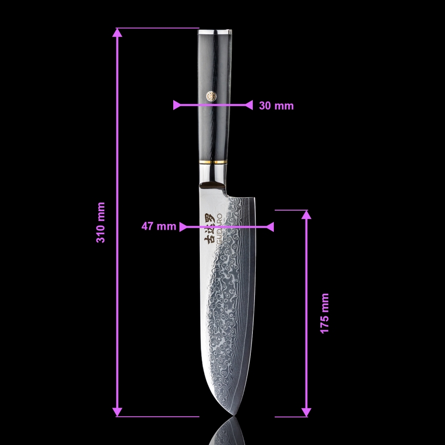 Gudaro - Cuțit Santoku AKIRO din oțel damasc 7, 67 de straturi de oțel, lungime lamă 17,5 cm, negru