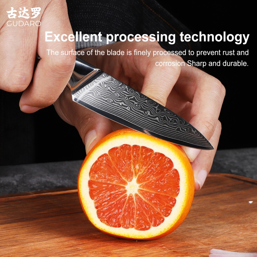 Gudaro - Cuțit de bucătărie KENSHO din oțel damasc, 3,5, 67 de straturi de oțel, lungime 9,5 cm