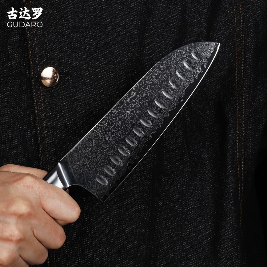 Gudaro - Cuțit Santoku de bucătărie HIKARI 7, oțel damasc, 67 de straturi, lungime lamei 17,5 cm