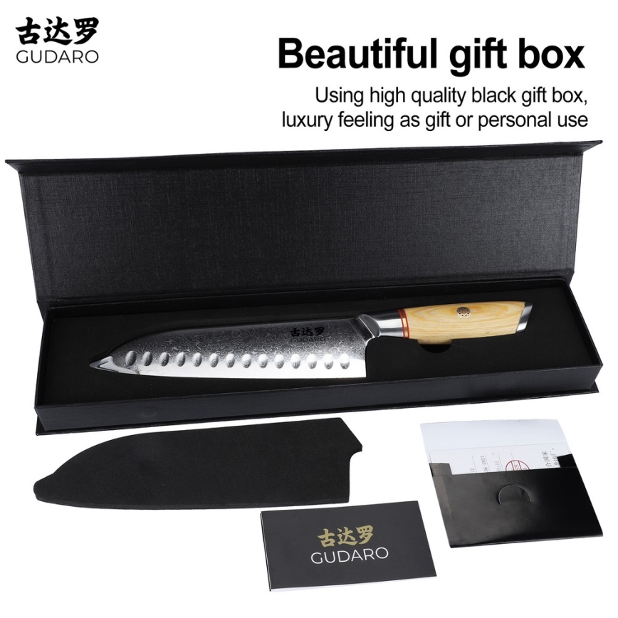 Gudaro - Cuțit Santoku de bucătărie HIKARI 7, oțel damasc, 67 de straturi, lungime lamei 17,5 cm