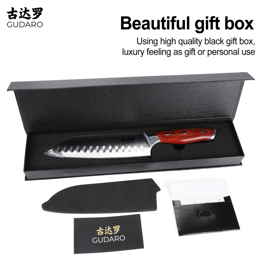 Gudaro - Cuțit de bucătărie Santoku KENSHO 7, oțel damasc, 67 de straturi, lungime 17,5 cm