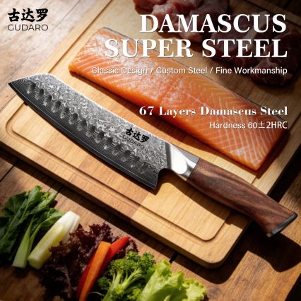 Gudaro - Cuțit de bucătărie Santoku TAKUMI 7, din oțel damasc, 67 de straturi, lungime 17,5 cm, mâner din nuc