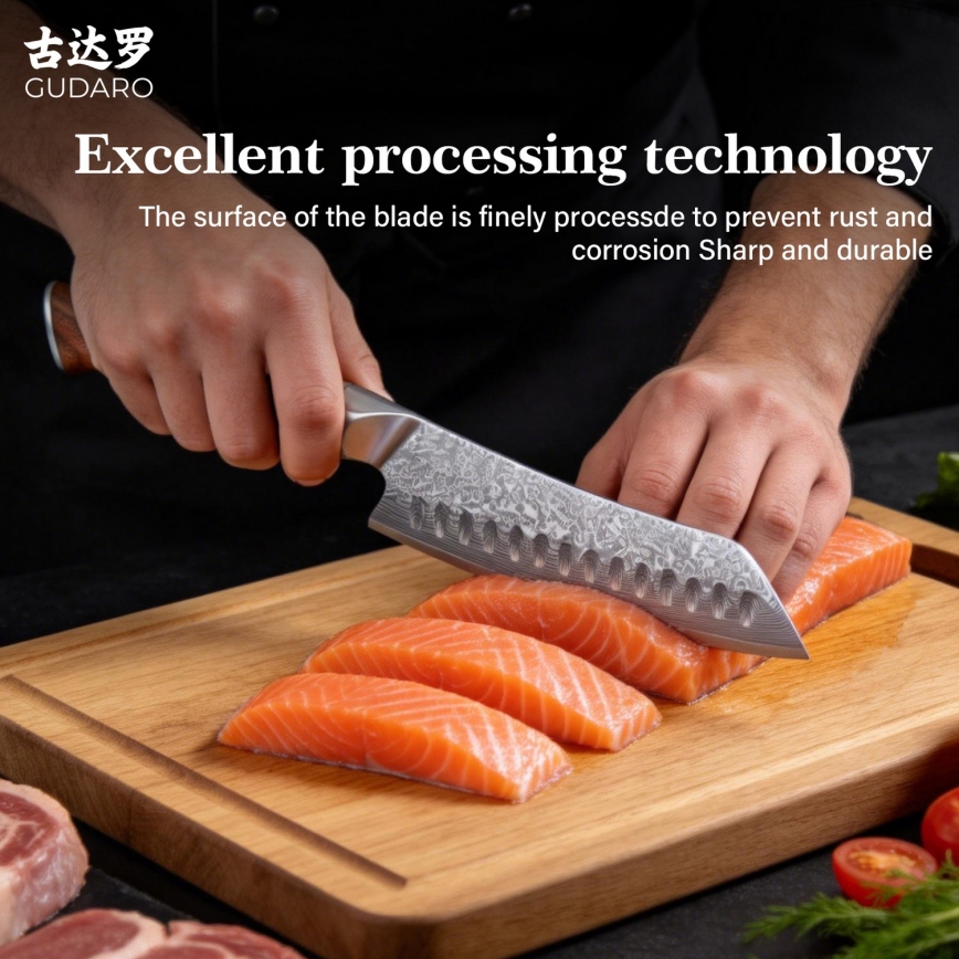 Gudaro - Cuțit de bucătărie Santoku TAKUMI 7, din oțel damasc, 67 de straturi, lungime 17,5 cm, mâner din nuc