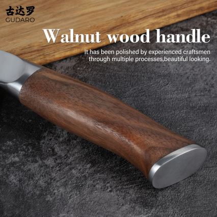 Gudaro - Cuțit de bucătărie Santoku TAKUMI 7, din oțel damasc, 67 de straturi, lungime 17,5 cm, mâner din nuc