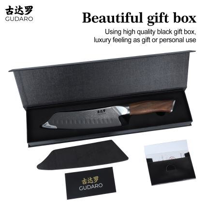 Gudaro - Cuțit de bucătărie Santoku TAKUMI 7, din oțel damasc, 67 de straturi, lungime 17,5 cm, mâner din nuc