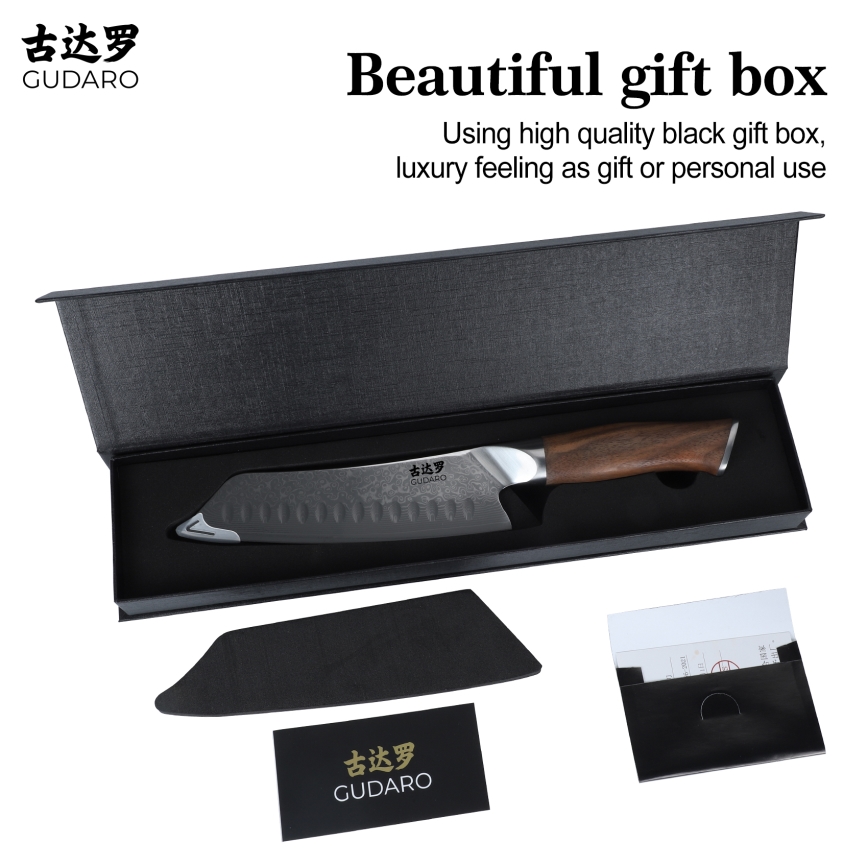 Gudaro - Cuțit de bucătărie Santoku TAKUMI 7, din oțel damasc, 67 de straturi, lungime 17,5 cm, mâner din nuc