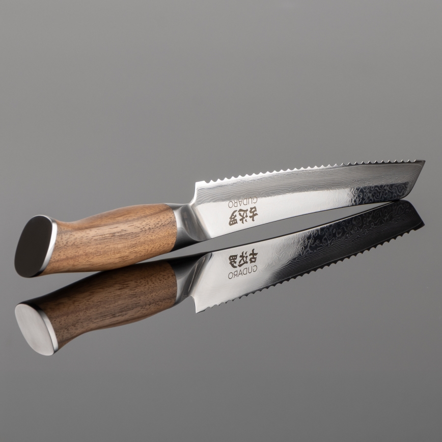 Gudaro - Cuțit pentru pâine TAKUMI 8, din oțel Damasc, 67 de straturi, lungime 20 cm, mâner din nuc