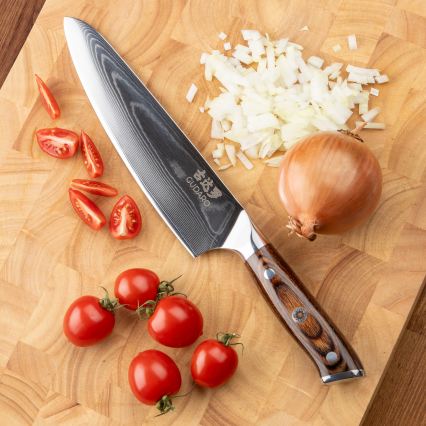 Gudaro - SET 1x cuțit profesional de bucătar din oțel damasc FENG 8, 67 straturi de oțel, lungime 20 cm + 1x cuțit Santoku din oțel damasc FENG 7,5, 67 straturi de oțel, lungime 18 cm + 1x CADOU cuțit pentru fructe din oțel damasc FENG 3,5, 67 str