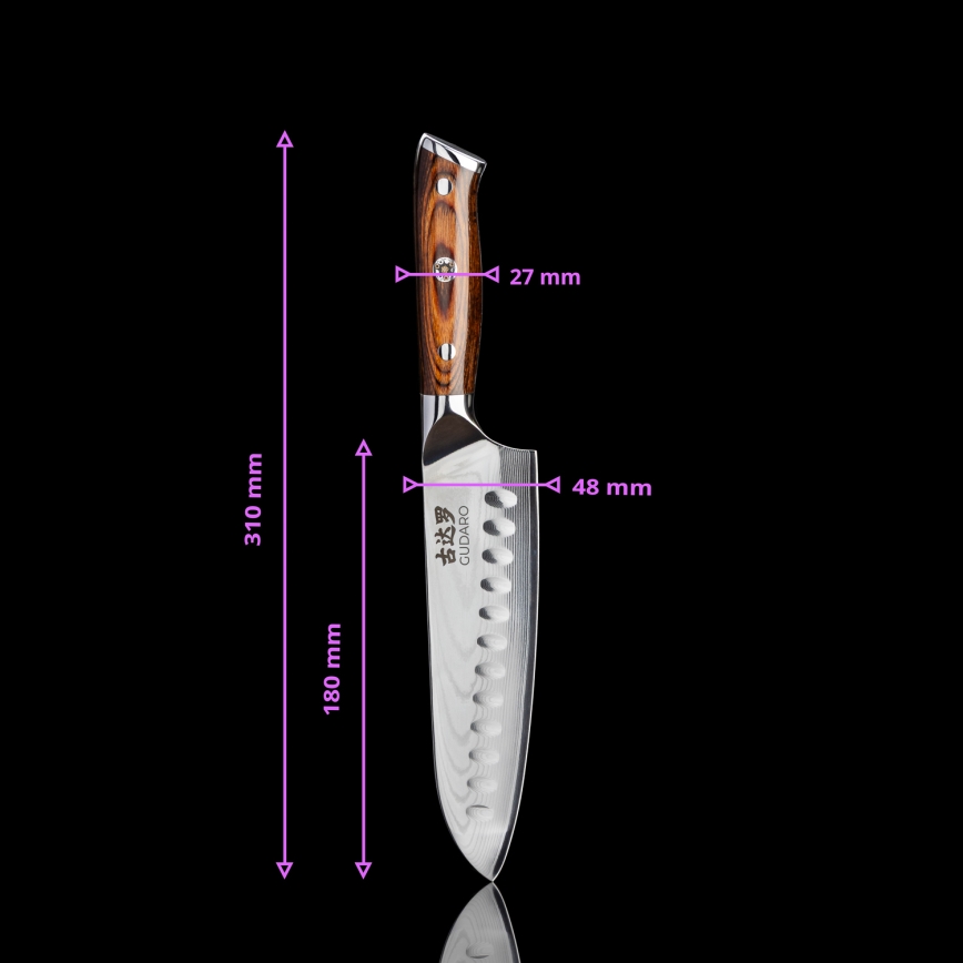 Gudaro - SET 1x cuțit profesional de bucătar din oțel damasc FENG 8, 67 straturi de oțel, lungime 20 cm + 1x cuțit Santoku din oțel damasc FENG 7,5, 67 straturi de oțel, lungime 18 cm + 1x CADOU cuțit pentru fructe din oțel damasc FENG 3,5, 67 str