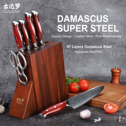 Gudaro - Set cuțite de bucătărie KENSHO, 7 piese, suport din salcâm