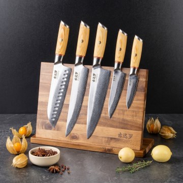 Gudaro - Set de 5 cuțite de bucătărie HIKARI din oțel damasc + suport magnetic