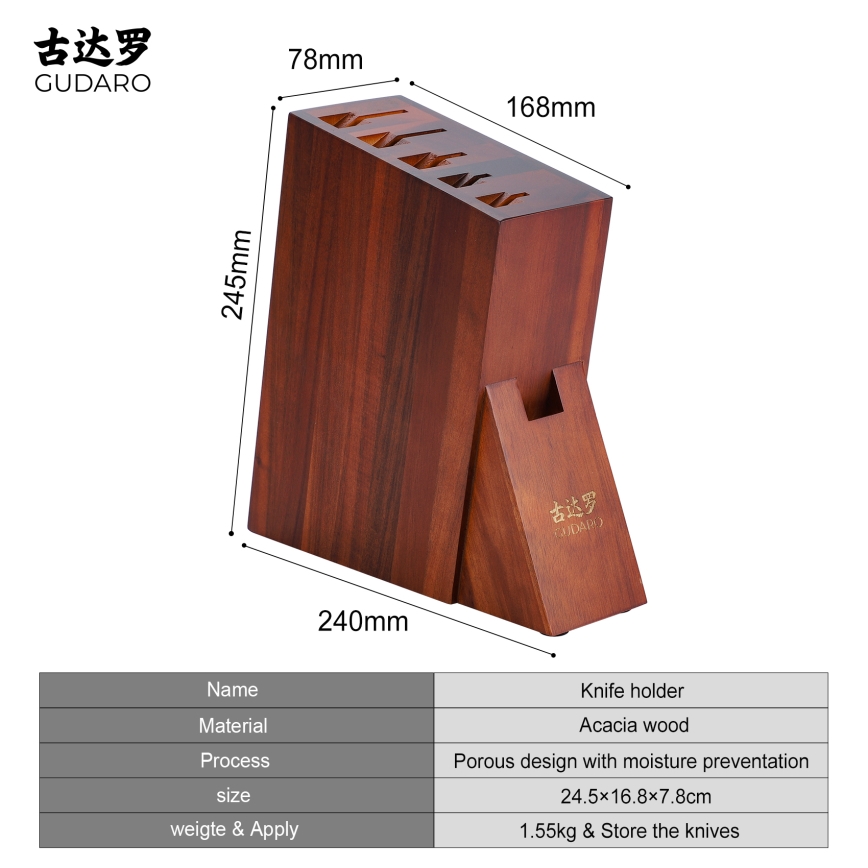 Gudaro - Suport pentru cuțite AKIRA 25x25x10 cm din salcâm