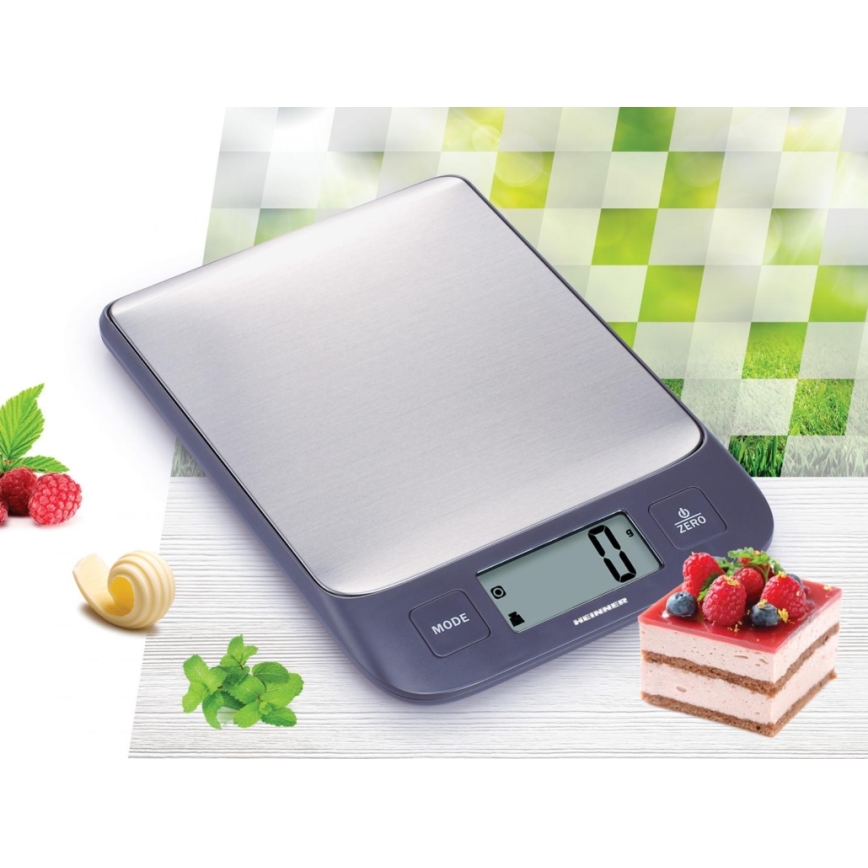 Heinner HKS-5IXBK - Cântar digital de bucătărie, 2 x AAA, gri/crom mat