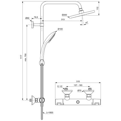 Ideal Standard A7208AA - Set de duș cu baterie termostatică CERATHERM T25, crom lucios