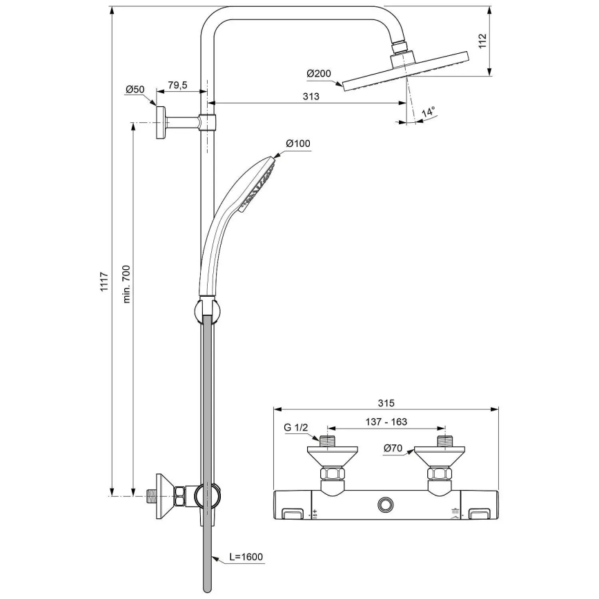 Ideal Standard A7208AA - Set de duș cu baterie termostatică CERATHERM T25, crom lucios