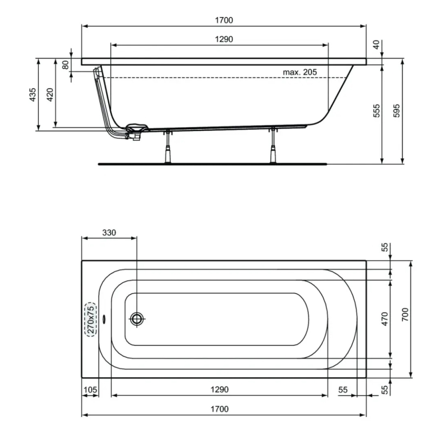 Ideal Standard W004401 - Cadă SIMPLICITY 170 x 70 cm, acrilică, albă