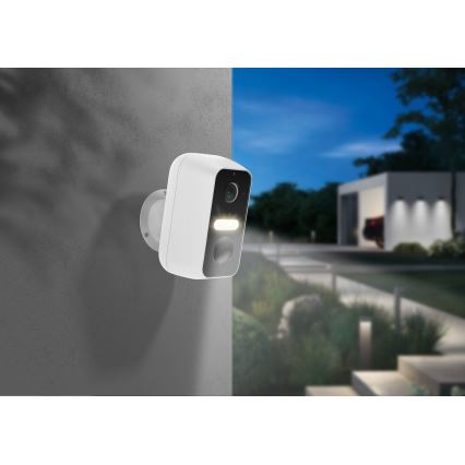 Cameră de exterior inteligentă cu senzor de mișcare, 2K, 9600 mAh, IP65, Wi‑Fi, Tuya, albă