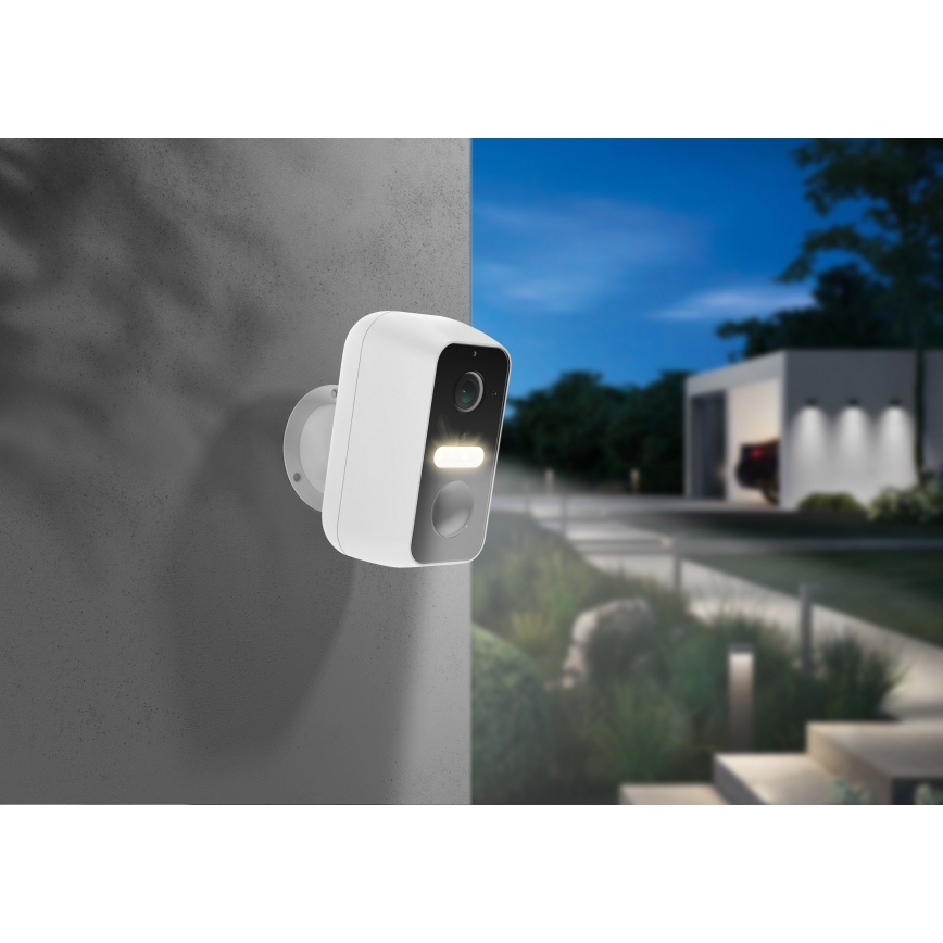 Cameră de exterior inteligentă cu senzor de mișcare, 2K, 9600 mAh, IP65, Wi‑Fi, Tuya, albă