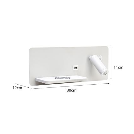 Immax 08286L - Aplica LED de perete cu poliță, port USB și încărcare wireless Be PREPARE LED/3W/230V + LED/3W albă