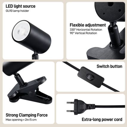 Lampă cu clemă PUNTO 1xGU10/9W/230V, neagră