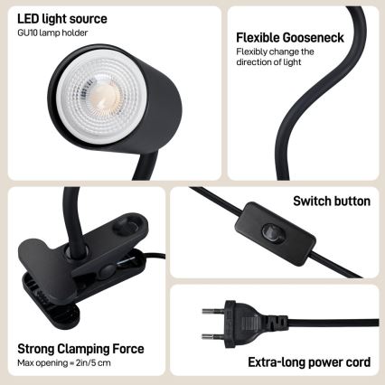 Lampă flexibilă cu clemă PUNTO 1xGU10/9W/230V neagră