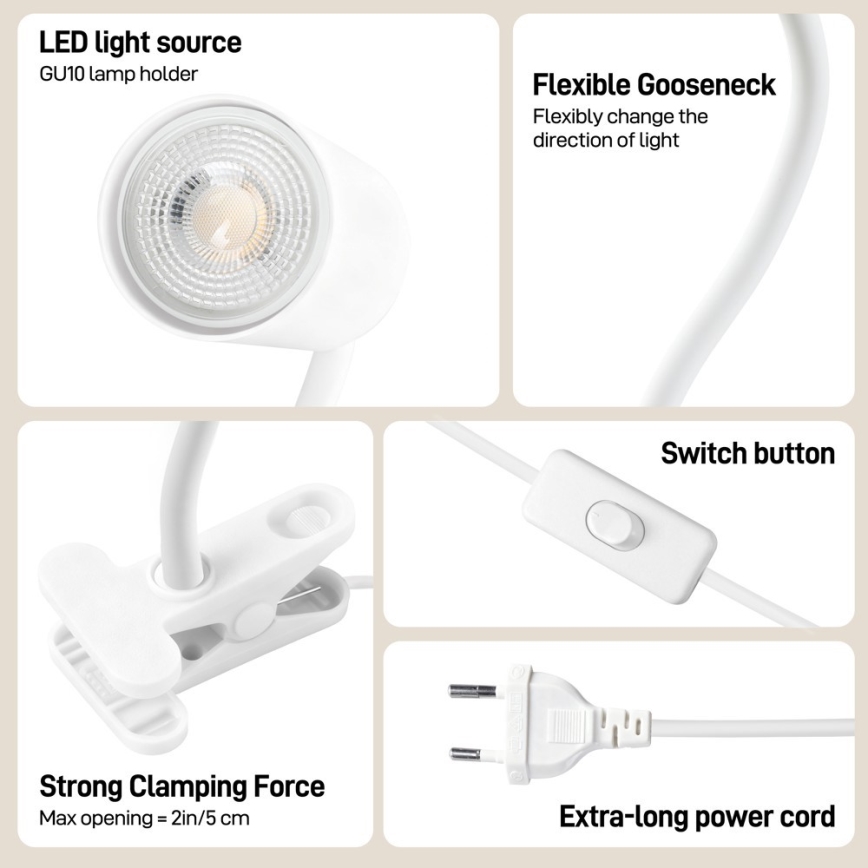 Lampă flexibilă cu clemă PUNTO 1xGU10/9W/230V albă