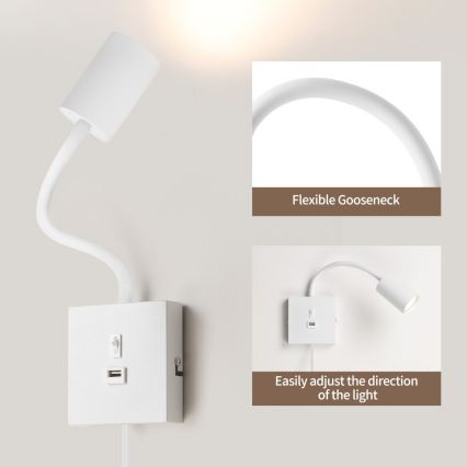 Lampă de perete PUNTO cu USB 1xGU10/9W/230V albă