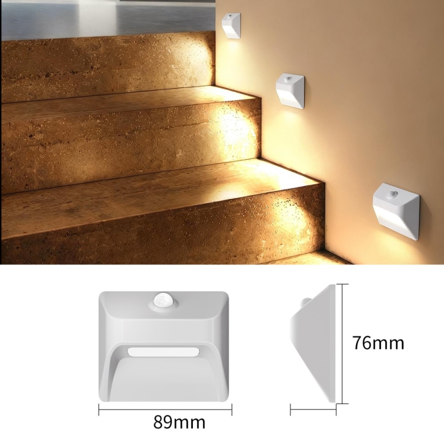 Lampă LED reîncărcabilă pentru scări cu senzor de mișcare și de amurg STEP LIGHT LED/0,3W/3,7V 2200 mAh IP53 albă