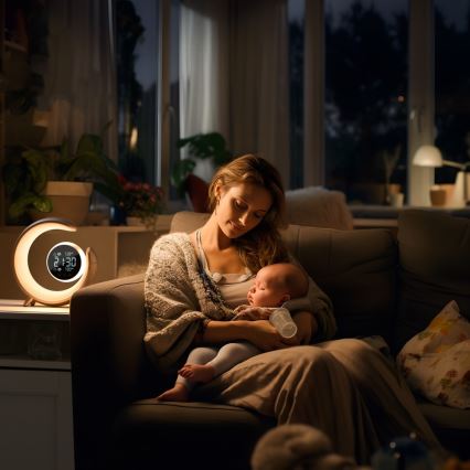 Lampă de birou LED RGBW cu intensitate reglabilă și ceas deșteptător PEACOCK LED/20W/5V USB