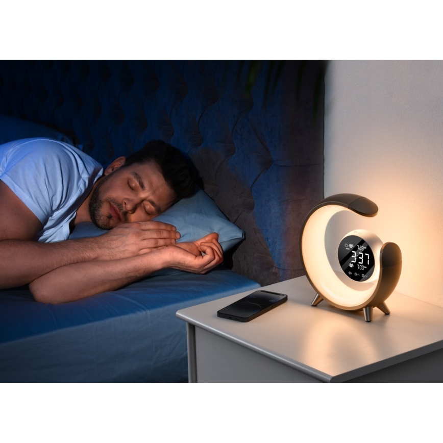 Lampă de birou LED RGBW cu intensitate reglabilă și ceas deșteptător PEACOCK LED/20W/5V USB