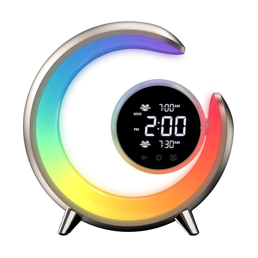 Lampă de birou LED RGBW cu intensitate reglabilă și ceas deșteptător PEACOCK LED/20W/5V USB