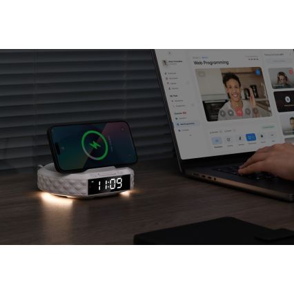 Ceas deșteptător cu ecran LCD și încărcător wireless Qi 27W/9V 220 mAh alb