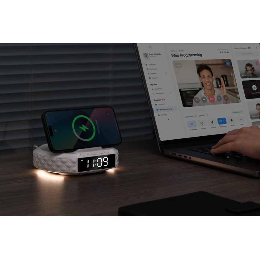 Ceas deșteptător cu ecran LCD și încărcător wireless Qi 27W/9V 220 mAh alb