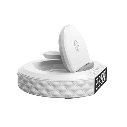 Ceas deșteptător cu ecran LCD și încărcător wireless Qi 27W/9V 220 mAh alb