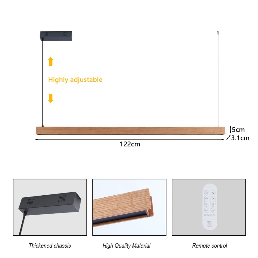 Immax NEO 07303L - Lustră LED reglabilă suspendată pe cablu MADEIRA LED/26W/230V Wi‑Fi Tuya 122 cm stejar + telecomandă